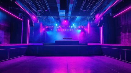Aufkleber - Neon-lit club stage with vibrant purple and blue lights, featuring a sleek modern architectural design and plenty of copy space.