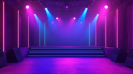 Aufkleber - Neon-lit club stage with vibrant purple and blue lights, featuring a sleek modern architectural design and plenty of copy space.