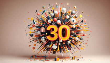 Canvas Print - Festive explosion of decorations and the number 30, celebrating a birthday or milestone event with vibrant energy