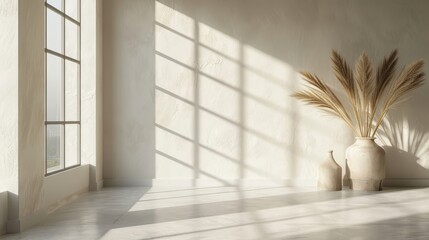 Aufkleber - Bright and airy room featuring soft natural light casting shadows across a minimalist space with decorative dried plants in elegant vases.