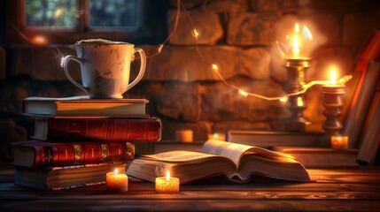 Fototapete - A stack of books rests on a wooden table beside a steaming cup of coffee and glowing candles, creating a warm reading atmosphere. Generative AI