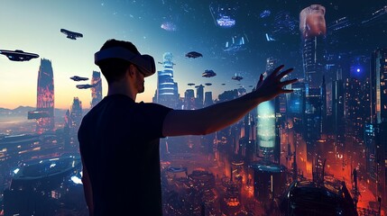 Poster - Man Exploring a Futuristic City in Virtual Reality