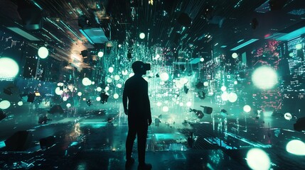 Poster - Man in VR Environment Surrounded by Glowing Lights