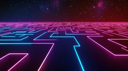 Creepy Giant Metal Maze with Neon Lights Floating in Space, Captured in a Retro 3D Render Style, Creating an Eerie and Isolated Atmosphere