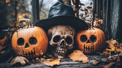 Sticker - Spooky halloween scene with a human skull placed between two jack-o'-lanterns and topped with a witch hat