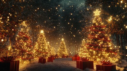 Wall Mural - festive christmas tree with twinkling lights and ornaments, illuminating a cozy living room setting,