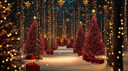 Wall Mural - festive christmas tree with twinkling lights and ornaments, illuminating a cozy living room setting,