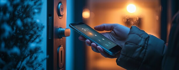 Smartphone Unlocks Smart Lock in Winter Evening Light