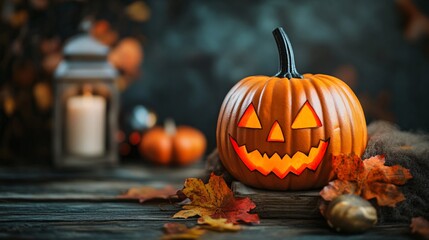 Sticker - Carved pumpkin with glowing eyes and mouth sits on a rustic wooden table with autumn leaves and a lantern in the background