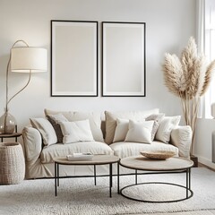 Minimalist living room with white sofa, two picture frames and pampas grass