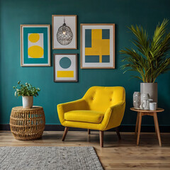 Wall Mural - Vibrant yellow sofa and chair near teal wall with poster frame.