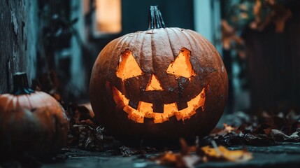 Sticker - Pumpkin with a candle inside placed on a porch at night