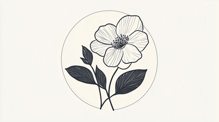 Canvas Print - Delicate black and white floral illustration featuring a blooming flower with leaves, set against a simple circular backdrop