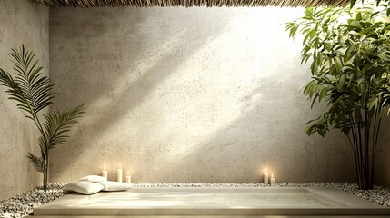 Poster - Relaxation room with aromatherapy candles and natural healing symbols, 3D illustration