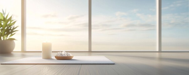 Poster - Yoga retreat setup with candles, crystals, and natural decor, 3D illustration