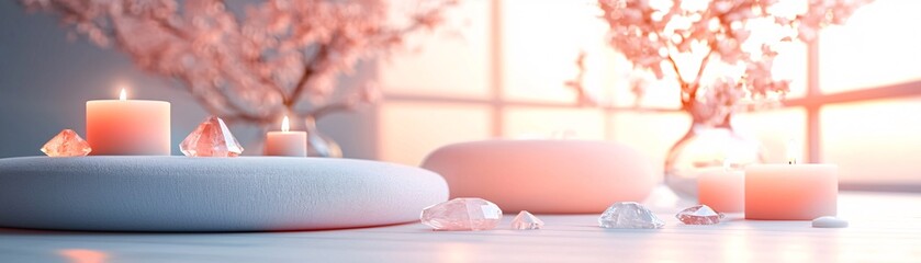 Poster - Meditation space with candles, crystals, and soft fabrics, healing environment, 3D illustration