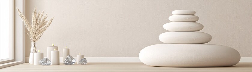 Poster - Meditation space with candles, crystals, and soft fabrics, healing environment, 3D illustration