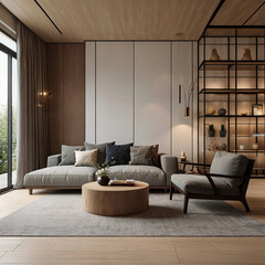 Wall Mural - Minimalist, japandi interior design of modern living room.