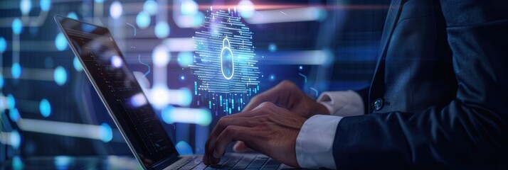 Poster - A professional is focused on their laptop as a digital lock symbol highlights the importance of cyber security and data protection. Generative AI