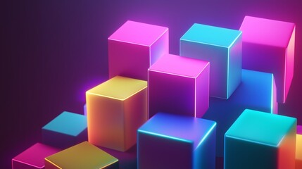 Poster - Colorful glowing cubes illuminated in a modern abstract arrangement on a dark background