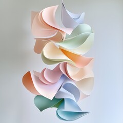 Poster - Colorful paper sculpture suspended in mid-air showcasing creative design and fluid shapes against a light background