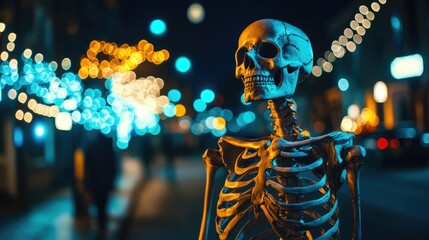 Poster - spooky skeleton with bokeh in night setting