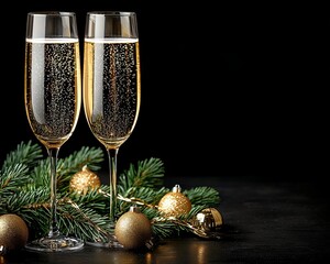 Two sparkling champagne glasses on a festive table with decorations.