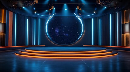 Night talk show, virtual studio background. Ideal also for online broadcasting, or live, streaming events. 3D rendering backdrop suitable on VR tracking system stage sets