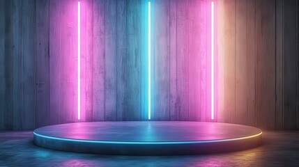 Poster - A circular stage is highlighted by vivid neon lights in vibrant pink, blue, and purple hues, creating a modern and engaging visual ambience.