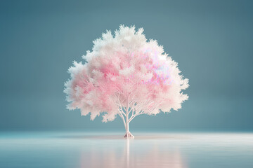 Poster - A stunning pink tree emerges from a smooth surface, radiating vibrant colors against a soft blue background, evoking feelings of tranquility and wonder