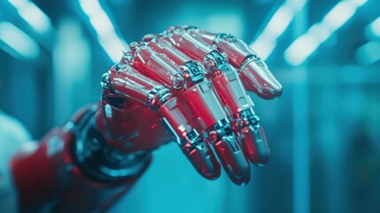 Poster - A detailed image of a futuristic robotic hand, illuminated by vivid blue and red lighting, showcasing intricate metallic elements and advanced technology.