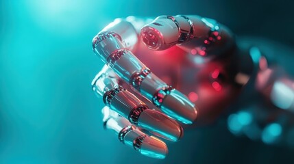 Poster - A shiny robotic hand gracefully reaching out, set against a backdrop of ethereal blue light, symbolizing technological advancement and futuristic visions.