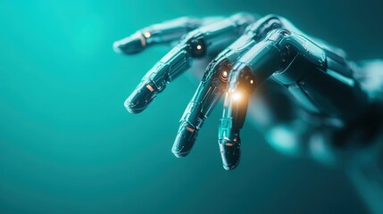 Poster - Advanced robotic hand depicted in vivid blue and red lighting, emphasizing precision, technology, and the future of mechanical engineering in a digital age.