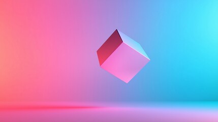 Poster - A floating geometric cube against a vibrant gradient background of pink and blue colors in an abstract setting