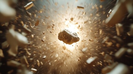 A meteorite exploding in space with debris scattered around, creating a dynamic and vivid scene, capturing the intense energy and destruction of cosmic events.