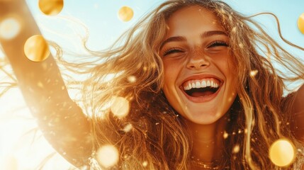 A vibrant young woman with a radiant smile shines brightly in an enchanting setting filled with golden light, embodying joy and carefree spirit in every detail.