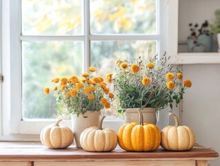 Canvas Print - Home Office with Mini Pumpkins and Flowers