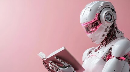 Poster - A futuristic robot deeply engrossed in reading a book against a calming pink backdrop, highlighting the merger of technology and literature in an advanced setting.