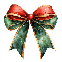 A festive Christmas bow featuring vibrant red and green colors, adorned with gold accents and central red bead, perfect for holiday decorations