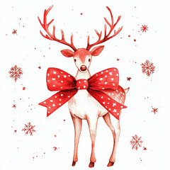 Wall Mural - A charming reindeer adorned with festive red bow, surrounded by snowflakes and whimsical winter backdrop. This delightful watercolor illustration captures essence of Christmas cheer