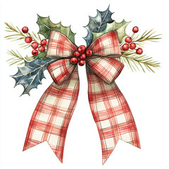 A festive Christmas bow adorned with holly and berries, featuring classic plaid design. This cheerful decoration brings warm holiday spirit to any setting