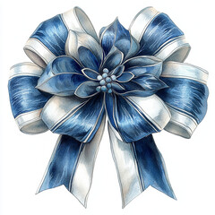 A beautiful festive Christmas bow featuring metallic shine in blue and silver tones, perfect for holiday decorations and gift wrapping. This elegant design adds touch of sophistication to any festive