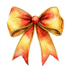 A vibrant and festive watercolor bow in shades of orange and gold, perfect for Christmas decorations. This beautiful design adds cheerful touch to any holiday celebration