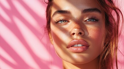 Poster - A striking portrait of a woman with freckles, artfully captured with dramatic pink shadows playing across her face, giving a sense of mystery and allure.
