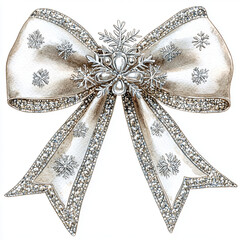 A beautiful silver glitter Christmas bow adorned with snowflakes, perfect for festive decorations. This elegant design captures spirit of holiday season with its sparkling details and intricate patter