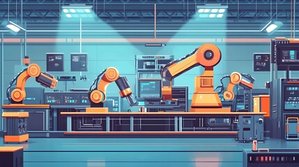 Poster - Industrial Facility with Robotic Arms and Digital Displays