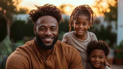 A bearded father with his two joyful children, enjoying the serene outdoors during a vibrant sunset, reflecting warmth and happiness in a natural setting.