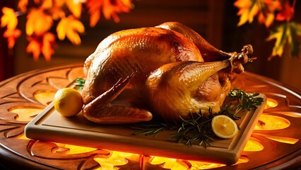 delicious roasted chicken with lemon isolated on the wooden background, thanksgiving day concept, AI Generative