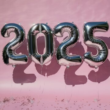 Silver numbers 2025 two thousand twenty five new year balloons in sunlight pink background
