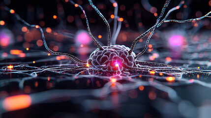 Poster - image depicts vibrant and abstract representation of brain with neural connections, symbolizing flow of ideas and creativity. colorful lights and intricate details evoke sense of innovation and